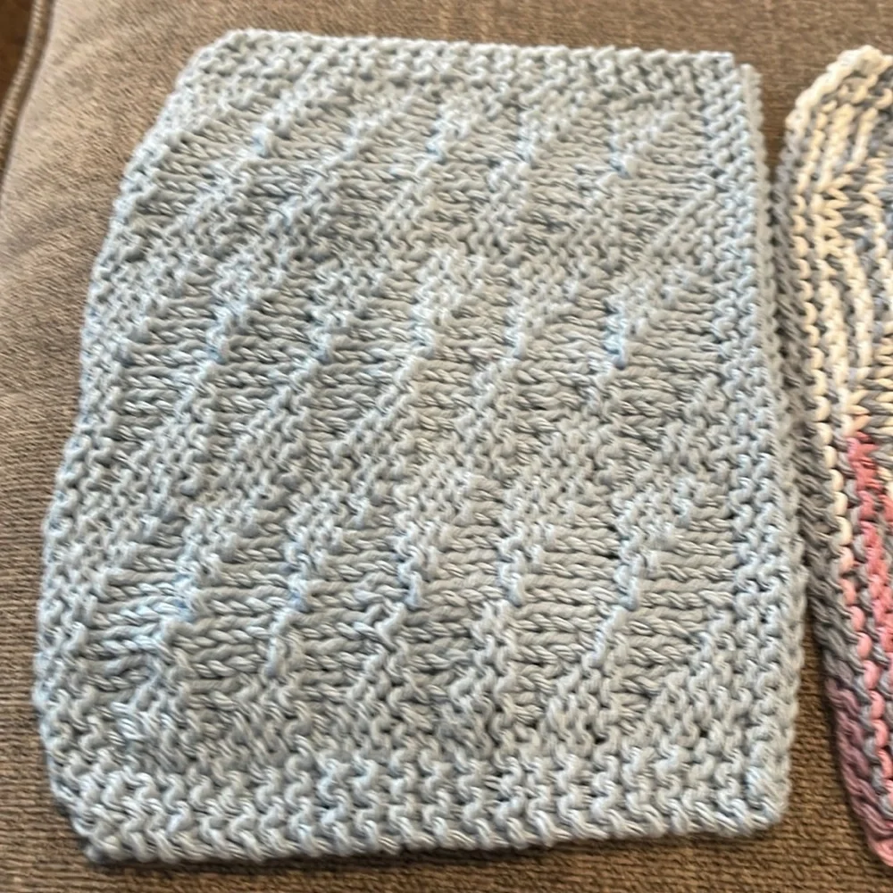 Handmade knitted pink and blue washcloths/dishcloths